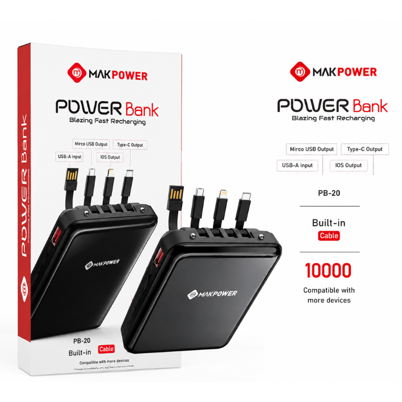MAKPOWER PB-20 10000mAh Fast Charging Power Bank with Built-in 4 Cables