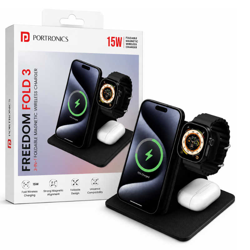 Portronics Freedom Fold 3 15W 3-in-1 Foldable Magnetic Wireless Charger