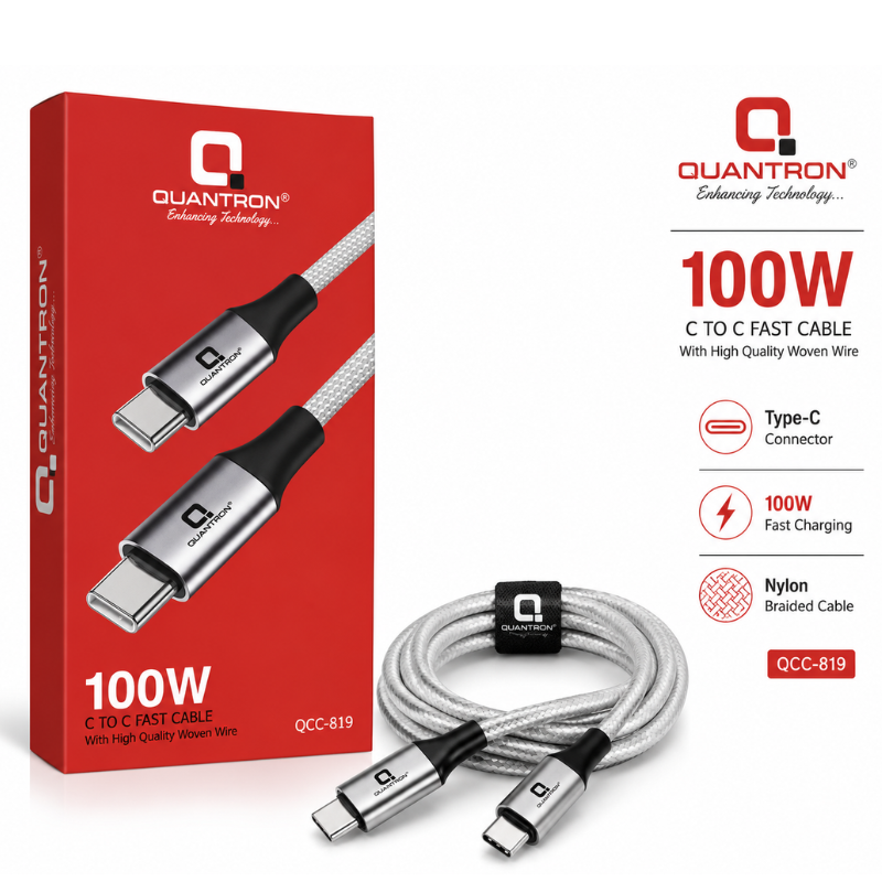 Quantron QCC-819 100W USB Type-C to Type-C Fast Charging Nylon Braided Cable
