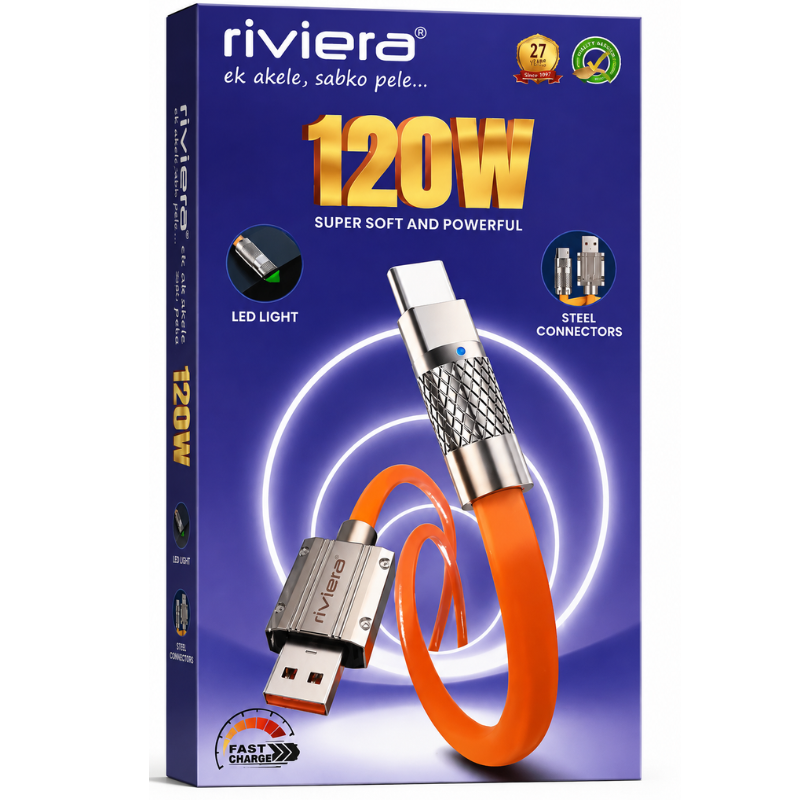 Riviera 120W USB to Type-C Fast Charging Cable with LED Light & Steel Connectors