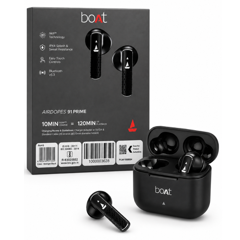 boAt Airdopes 91 Prime True Wireless Bluetooth Earbuds (Midnight Black) - Image 2